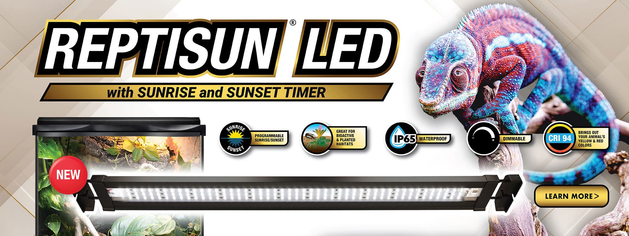 Introducing the best and brightest terrarium light for reptiles: Zoo Med’s ReptiSun® LED. With best-in-class, 94 CRI LED chips, you can experience more vibrant, accurate, and natural coloration of your animals and plants than ever before.